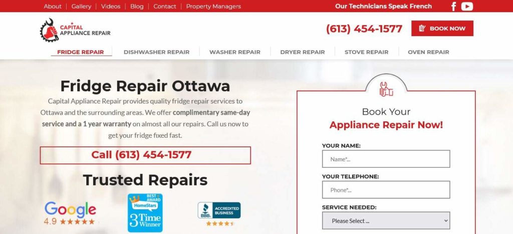 Capital Appliance Repair's homepage