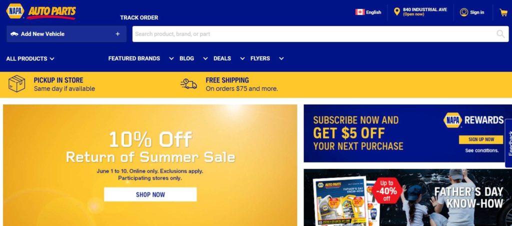 NAPA Auto Parts's homepage