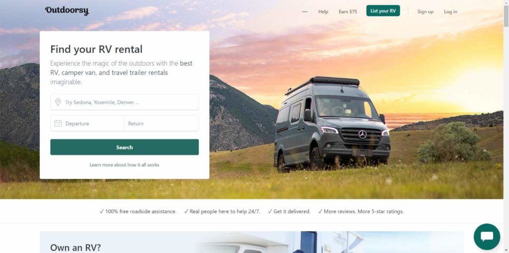 Outdoorsy's homepage