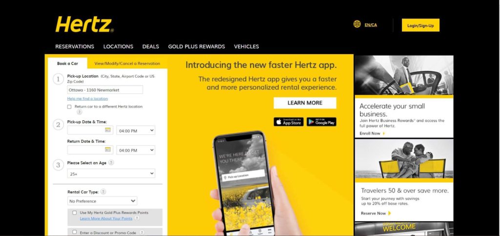 Hertz Car Rental Homepage